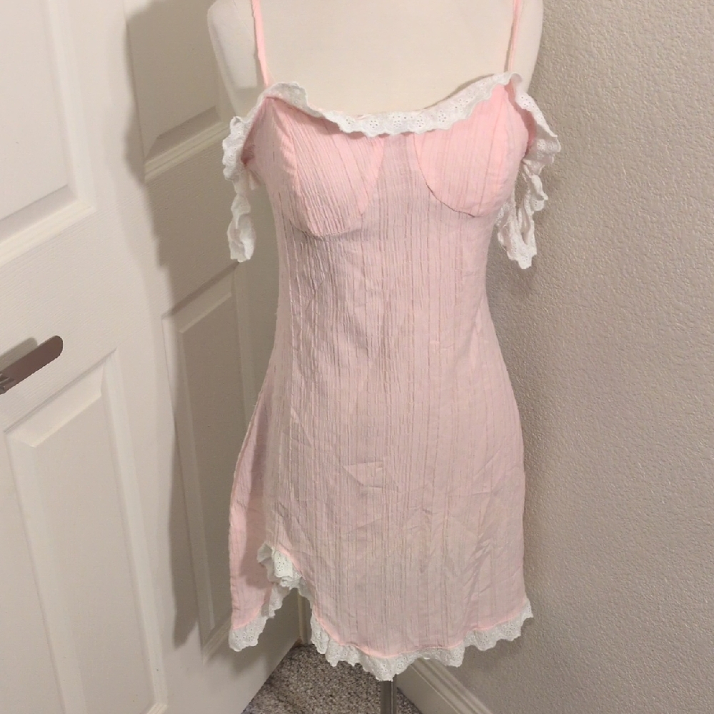 ✅Sexy Pink White Ruffle Slip Dress Coquette Small Lingerie Feminine Cottagecore